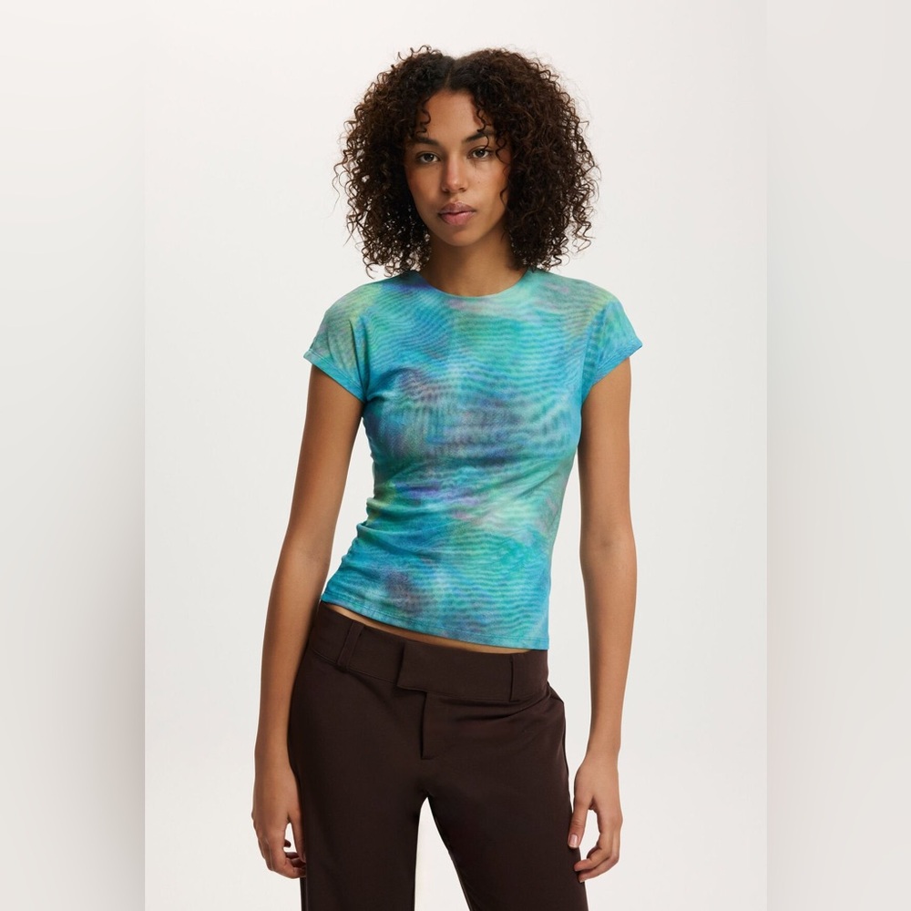 New Cotton On Ashley Mesh Blue Tie-Dye Top in Mirra Aqua Blurred